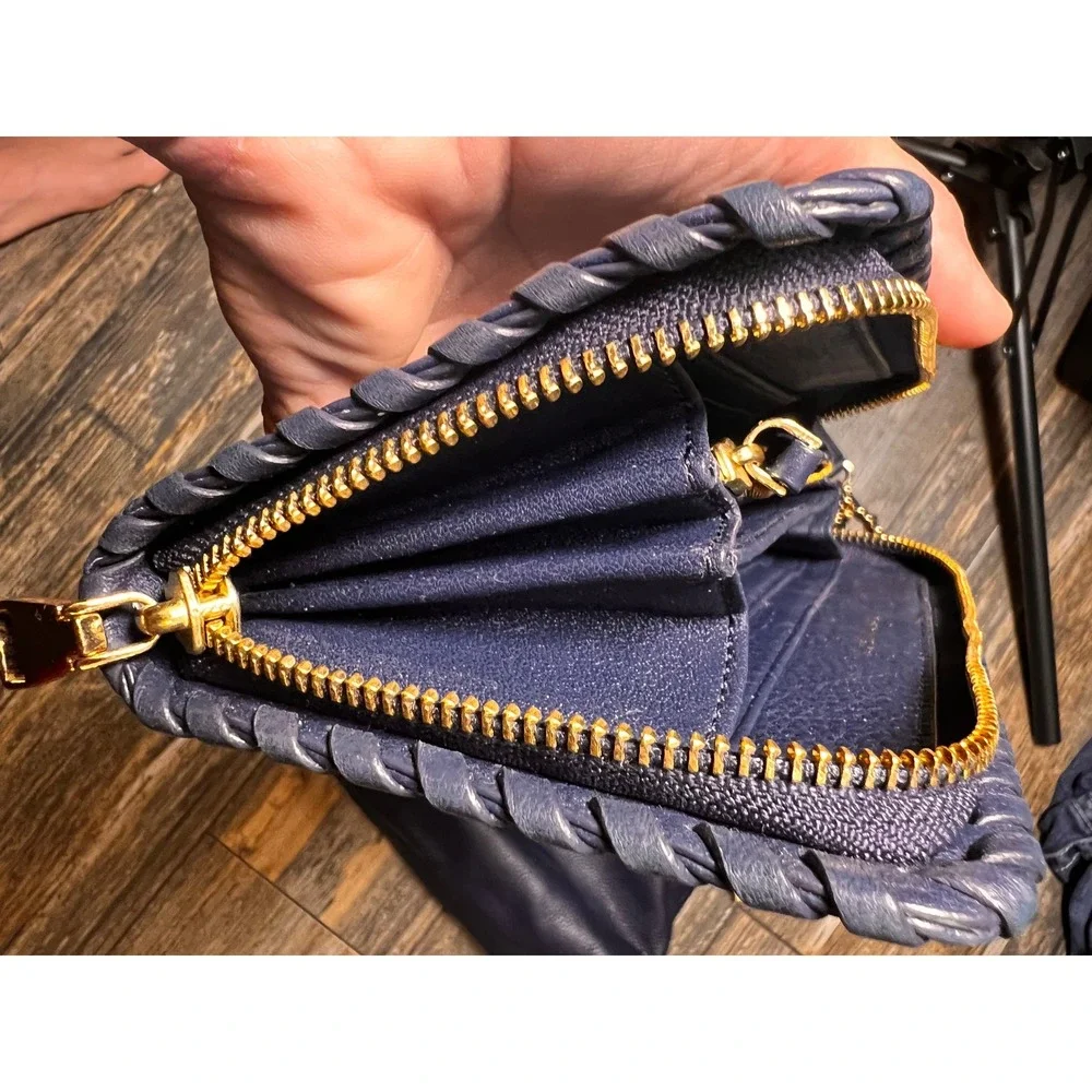 Tory Burch Navy Leather Marion Slouchy Tote Bag Purse Gold Chain &‎ Wallet EUC